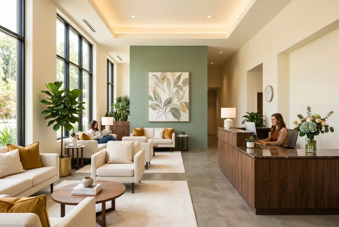 The warm, plant-filled reception lounge at Saltwood Mental Health