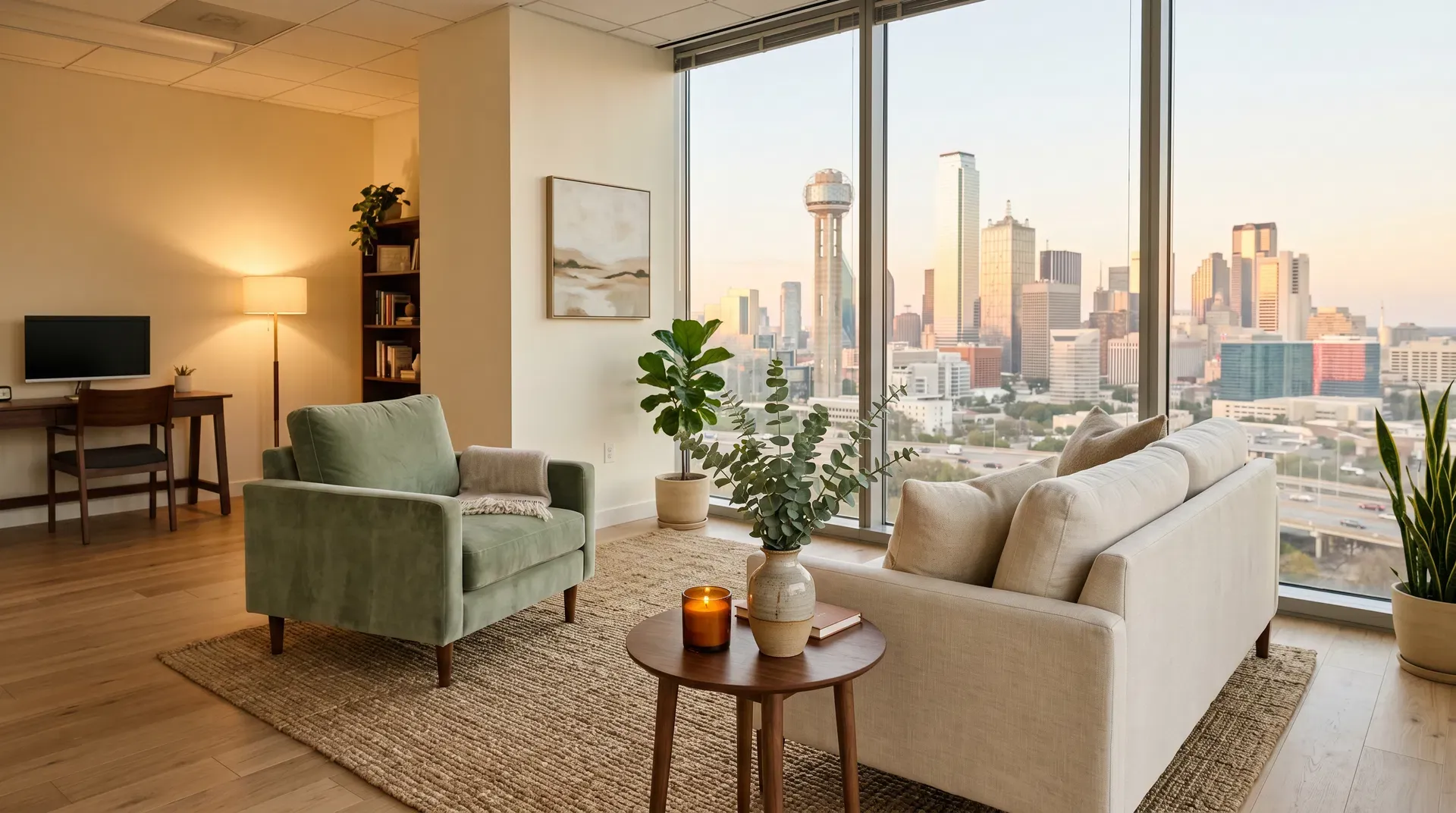 A warm, calm therapy room with natural materials and soft light